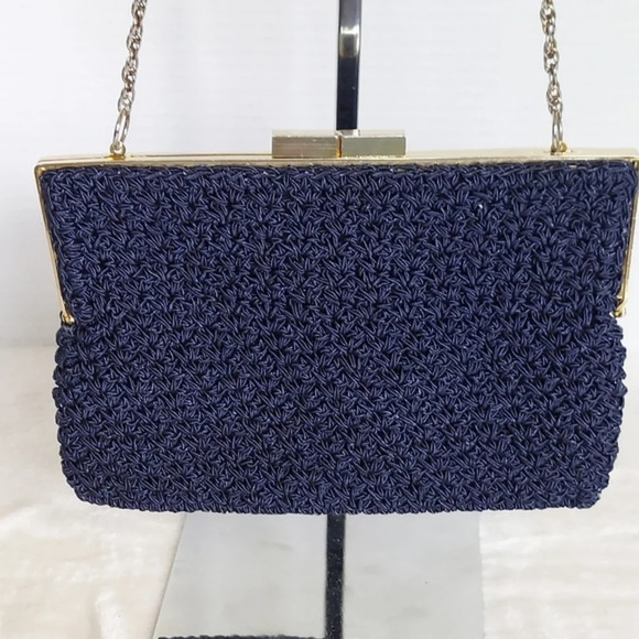Vintage Jacobson's Navy Blue Macrame Bag Chain Shoulder Bag Kiss Lock Closure - Picture 13 of 13